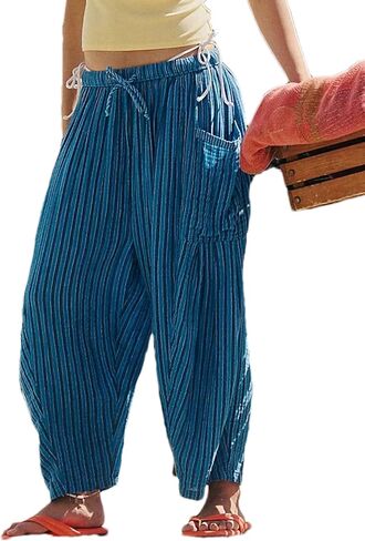 Womens Striped Lantern Harem Pants Elastic Drawstring Lounge Palazzo Pants Trousers with Pockets in Kuwait
