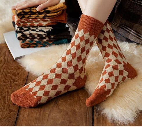 RosyClouds Classic Argyle Crew Socks for Women, Vintage Winter Warm Wool Casual Socks 5 Pack in Kuwait