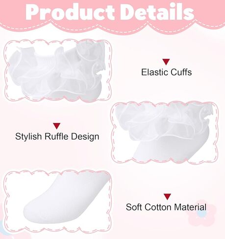 عبوة من 3 جوارب بيضاء مكشكشة، جوارب نسائية مكشكشة من الدانتيل للكاحل مع تصميم على شكل عروة، مريحة ومسامية للارتداء اليومي، نمط الأميرة in Kuwait