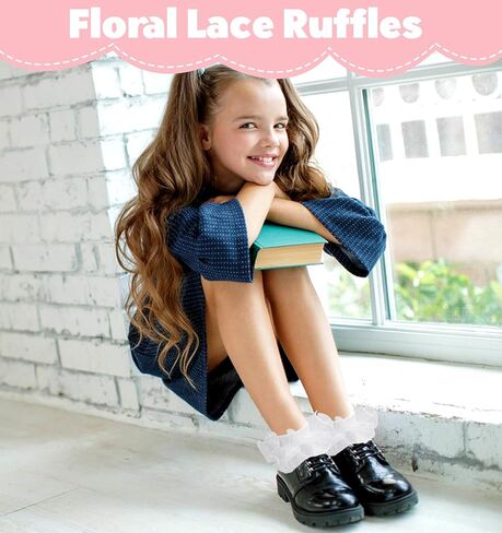 عبوة من 3 جوارب بيضاء مكشكشة، جوارب نسائية مكشكشة من الدانتيل للكاحل مع تصميم على شكل عروة، مريحة ومسامية للارتداء اليومي، نمط الأميرة in Kuwait