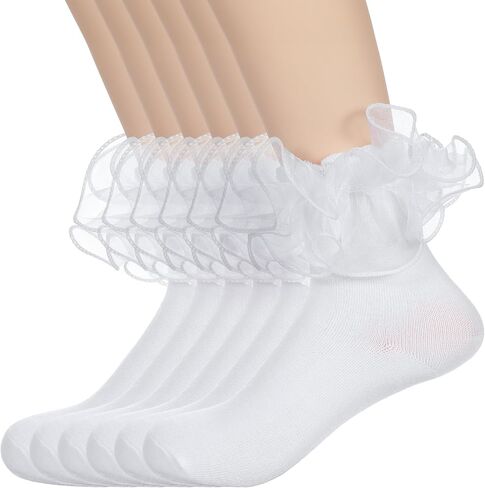 عبوة من 3 جوارب بيضاء مكشكشة، جوارب نسائية مكشكشة من الدانتيل للكاحل مع تصميم على شكل عروة، مريحة ومسامية للارتداء اليومي، نمط الأميرة in Kuwait