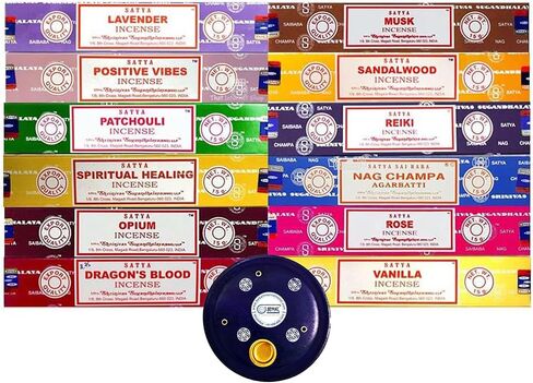 Satya Sai Baba Nag Champa Incense Sticks 15g Assorted - Pack of 12 Boxes with Wooden Incense Holder by Behal International in Kuwait