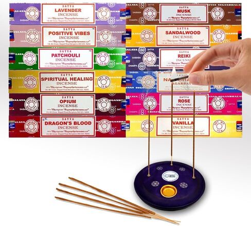 Satya Sai Baba Nag Champa Incense Sticks 15g Assorted - Pack of 12 Boxes with Wooden Incense Holder by Behal International in Kuwait