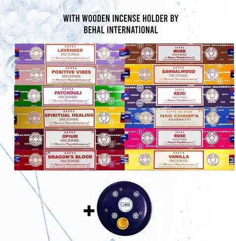 Satya Sai Baba Nag Champa Incense Sticks 15g Assorted - Pack of 12 Boxes with Wooden Incense Holder by Behal International in Kuwait