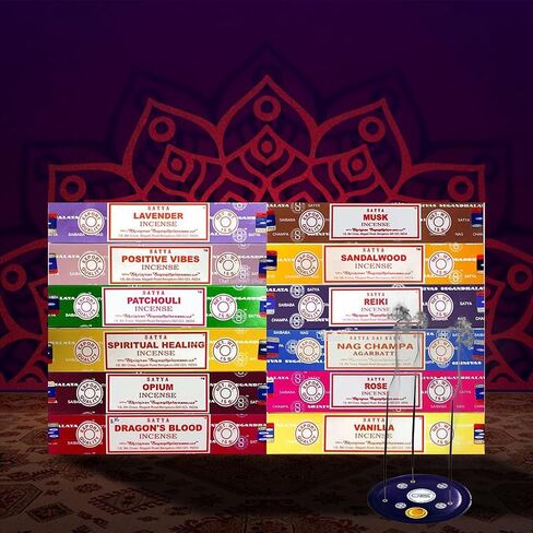 Satya Sai Baba Nag Champa Incense Sticks 15g Assorted - Pack of 12 Boxes with Wooden Incense Holder by Behal International in Kuwait