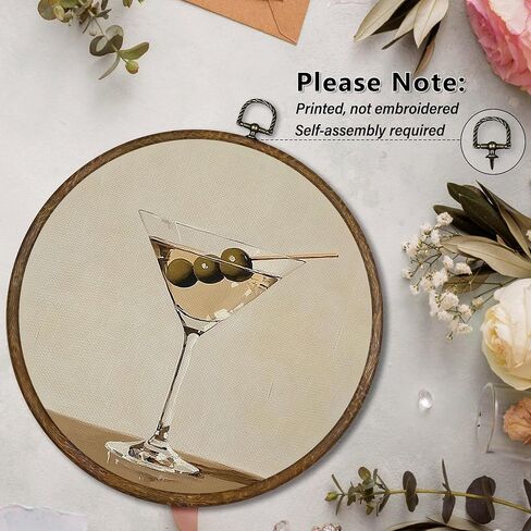Qskjre Trendy Martini Wall Art Bar Cart Decor, Funky Cocktail Aesthetic Round Wood Framed Canvas Wall Artwork, Vintage Olive Martini Hanging Prints for Bedroom Apartment Kitchen Decorations 10"x10" in Saudi Arabia