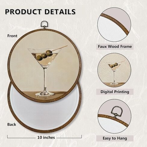 Qskjre Trendy Martini Wall Art Bar Cart Decor, Funky Cocktail Aesthetic Round Wood Framed Canvas Wall Artwork, Vintage Olive Martini Hanging Prints for Bedroom Apartment Kitchen Decorations 10"x10" in Saudi Arabia