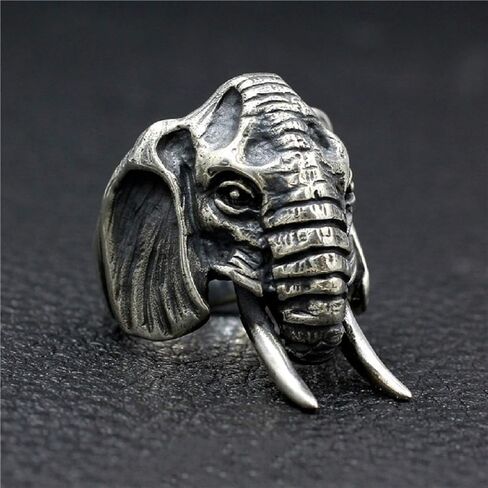 PikaLF Elephant Head Ring for Men, Stainless Steel Boho Ethnic Elephant Rings, Vint- Animal Ring Jewelry - Men in Saudi Arabia