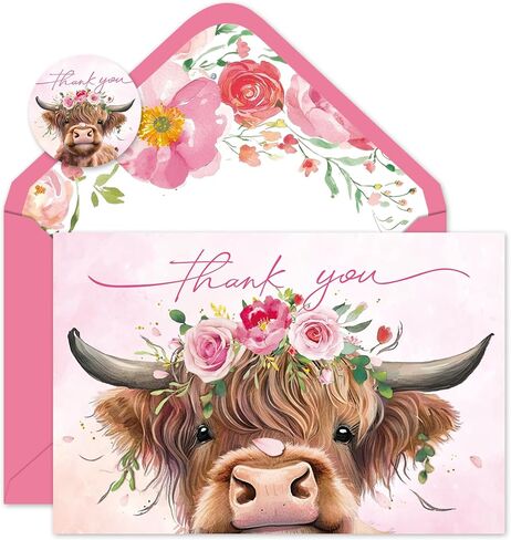 Whaline 24Pcs Spring Highland Cow Thank You Cards Blank Note Cards with Envelopes Stickers Watercolor Pink Floral Brown Cow Greeting Card for Spring Birthday Baby Shower, 4 x 6 Inch in Saudi Arabia