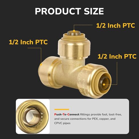 1/2" Push to Conect Tee for PEX, Copper, CPVC Pipe, Brass Plumbing Fitting with Upgraded Stiffener (6 Pack) in Kuwait