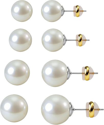 4 أزواج من أقراط اللؤلؤ الكبيرة، أعمدة فضية مطلية بالذهب عيار 14 قيراط، لا تسبب الحساسية، لآلئ كبيرة مقلدة، 8 مم/10 مم/12 مم/14 مم للنساء in Kuwait