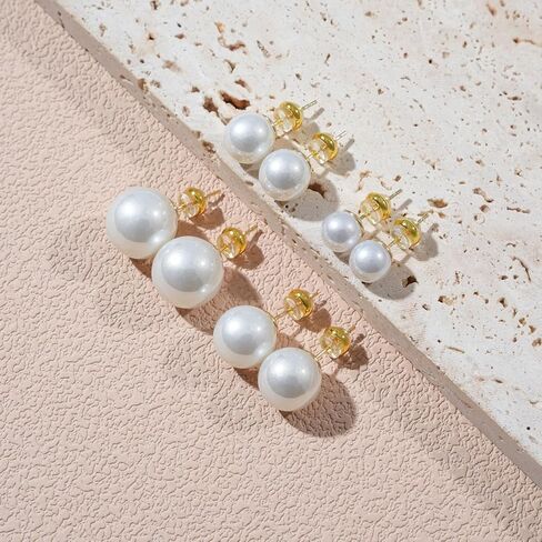 4 أزواج من أقراط اللؤلؤ الكبيرة، أعمدة فضية مطلية بالذهب عيار 14 قيراط، لا تسبب الحساسية، لآلئ كبيرة مقلدة، 8 مم/10 مم/12 مم/14 مم للنساء in Kuwait