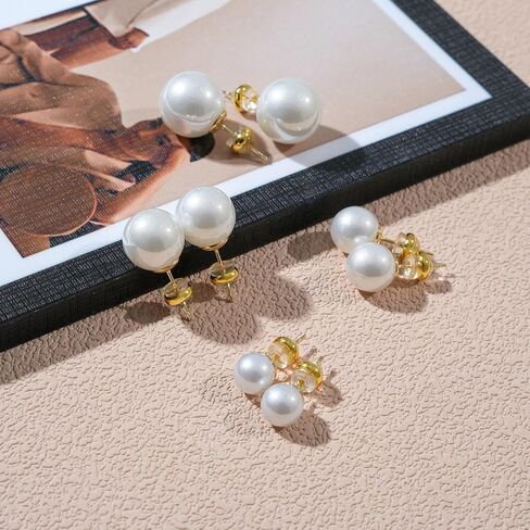 4 أزواج من أقراط اللؤلؤ الكبيرة، أعمدة فضية مطلية بالذهب عيار 14 قيراط، لا تسبب الحساسية، لآلئ كبيرة مقلدة، 8 مم/10 مم/12 مم/14 مم للنساء in Kuwait