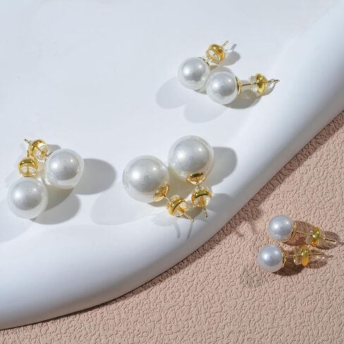 4 أزواج من أقراط اللؤلؤ الكبيرة، أعمدة فضية مطلية بالذهب عيار 14 قيراط، لا تسبب الحساسية، لآلئ كبيرة مقلدة، 8 مم/10 مم/12 مم/14 مم للنساء in Kuwait