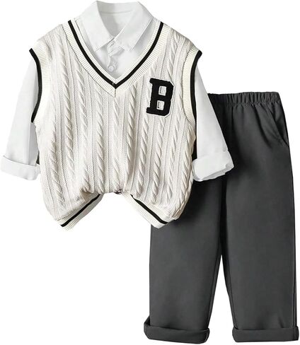 ملابس للأولاد مكونة من 3 قطع سترة محبوكة بدون أكمام، طقم قميص وسروال بأكمام طويلة وأزرار سفلية للأعمار من 4 إلى 7 سنوات in Kuwait