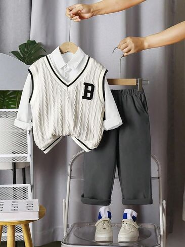 ملابس للأولاد مكونة من 3 قطع سترة محبوكة بدون أكمام، طقم قميص وسروال بأكمام طويلة وأزرار سفلية للأعمار من 4 إلى 7 سنوات in Kuwait