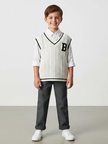 ملابس للأولاد مكونة من 3 قطع سترة محبوكة بدون أكمام، طقم قميص وسروال بأكمام طويلة وأزرار سفلية للأعمار من 4 إلى 7 سنوات in Kuwait