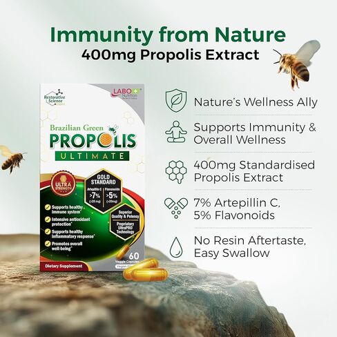 LABO Nutrition Brazilian Green Propolis Ultimate - Contains >7% or 28mg per Serving Artepillin C & >5% Flavonoids, for Immune & Brain Support, Natural, High Concentrate & Premium, 60 Veg Capsules in Kuwait