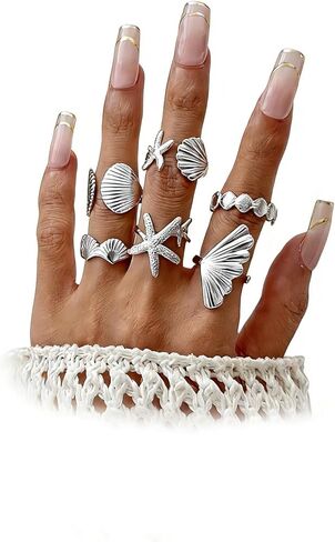 Gold Stackable Shell Ring Set for Women,Trendy Boho Chunky Starfish Seashell Knuckle Rings,Dainty Beach Jewelry Tropical Vacation Accessories in Kuwait