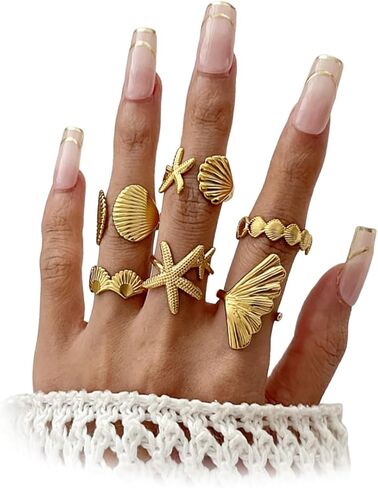 Gold Stackable Shell Ring Set for Women,Trendy Boho Chunky Starfish Seashell Knuckle Rings,Dainty Beach Jewelry Tropical Vacation Accessories in Saudi Arabia