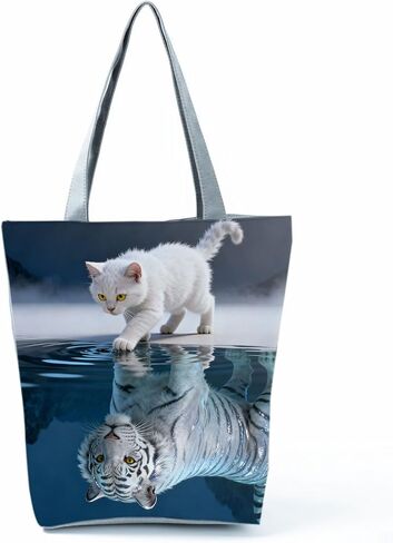 White Cat with Tiger Reflection Print Women Tote Bag Edge Holiday Birthday Gift for Cat Lovers Top Secure Zipper Closure Shoulder Bag Outdoor Travel Shopping and Daily Commute​ Handbag in Saudi Arabia