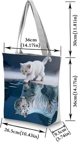 White Cat with Tiger Reflection Print Women Tote Bag Edge Holiday Birthday Gift for Cat Lovers Top Secure Zipper Closure Shoulder Bag Outdoor Travel Shopping and Daily Commute​ Handbag in Saudi Arabia