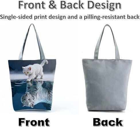 White Cat with Tiger Reflection Print Women Tote Bag Edge Holiday Birthday Gift for Cat Lovers Top Secure Zipper Closure Shoulder Bag Outdoor Travel Shopping and Daily Commute​ Handbag in Saudi Arabia