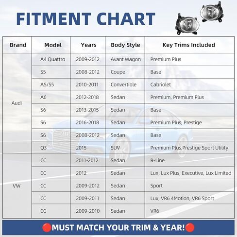مصابيح الضباب SAE J583 لسيارة Audi A4/A5/A6/Q3/S5/S6 & VW CC 2008-2018 - مصابيح ضباب بديلة مباشرة مع تركيب OE (شفاف) in Kuwait