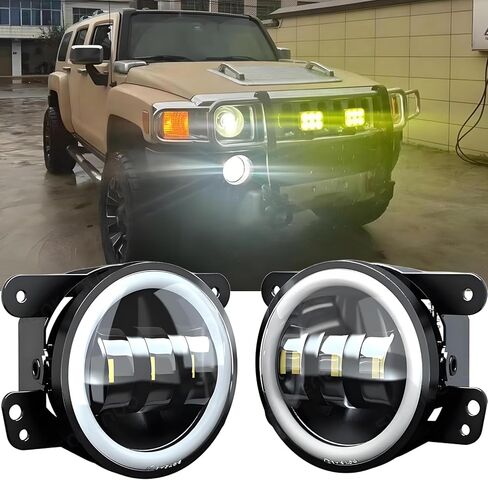 Fog Lights Assembly Kit for Hummer H3 H3T 2005-2010 Driving Lamp Aluminum Housing Black White Halo Ring,Yellow Wire: Amber Turn Light 2pcs in Kuwait