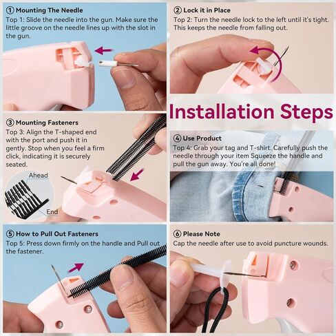 مسدس خياطة Aisoso للملابس، مسدس خياطة محمول باللون الوردي، مثبت سريع للملابس، طقم خياطة 0.5 مم يتضمن 1500 مشبك أسود و1500 مشبك أبيض in Kuwait