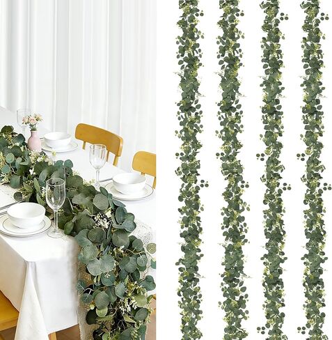 4Pcs Eucalyptus Garland, 6FT Green Garland with Flowers, Artificial Faux Greenery Vines for Wedding Party Table Centerpieces Runner Room Home Mantle Decor in Saudi Arabia