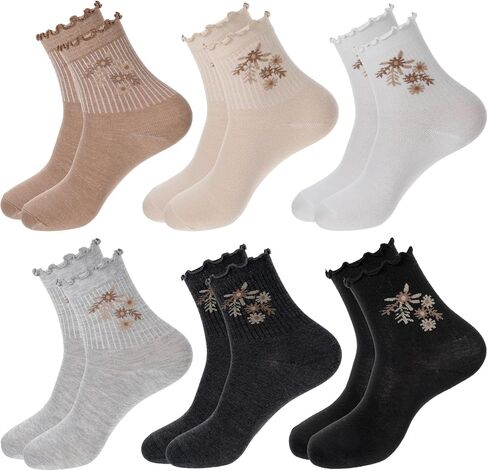 6 Pack Womens Socks, Ruffle Turn-Cuff Casual Ankle Socks Breathable Cool Knit Cotton Lettuce Crew Frilly Sock in Saudi Arabia