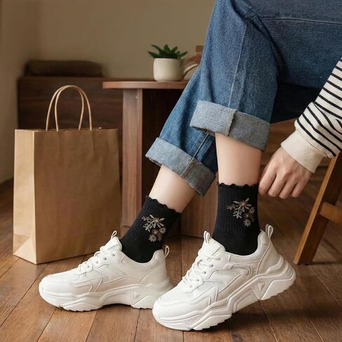 6 Pack Womens Socks, Ruffle Turn-Cuff Casual Ankle Socks Breathable Cool Knit Cotton Lettuce Crew Frilly Sock in Saudi Arabia