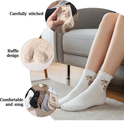 6 Pack Womens Socks, Ruffle Turn-Cuff Casual Ankle Socks Breathable Cool Knit Cotton Lettuce Crew Frilly Sock in Saudi Arabia