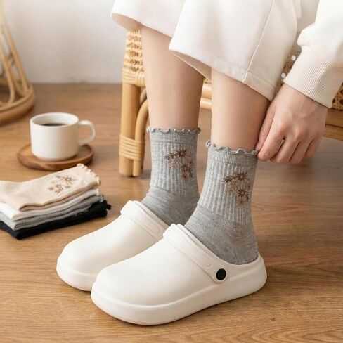 6 Pack Womens Socks, Ruffle Turn-Cuff Casual Ankle Socks Breathable Cool Knit Cotton Lettuce Crew Frilly Sock in Saudi Arabia