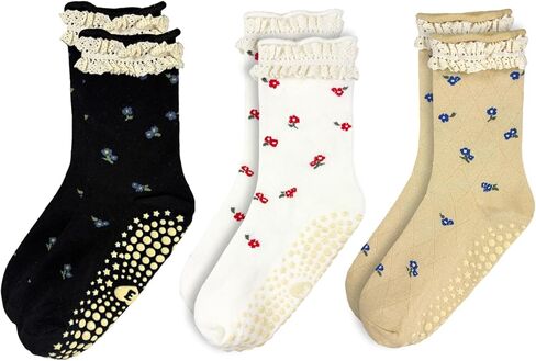 3 Pairs Pilates Grip Ankle Socks for Women – Cute Floral Ruffle Yoga Socks, Non Slip Barre Grip Socks in Kuwait