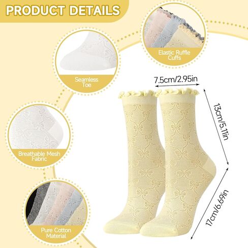 6 Pairs Women's Ruffle Socks Cute sheer Friily Breathable Cotton Sock Cool Lace Elegant Socks Over Ankle in Saudi Arabia