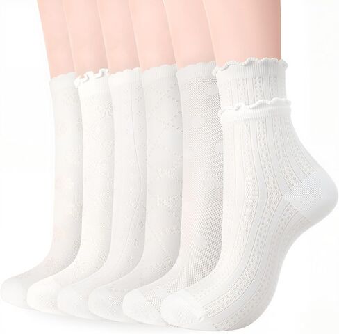 6 Pairs Women's Ruffle Socks Cute sheer Friily Breathable Cotton Sock Cool Lace Elegant Socks Over Ankle in Saudi Arabia