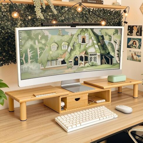 ROCDEER Dual Monitor Stand Riser with Drawer for Desk Laptop Desk Shelf with Adjustable Length and Angle, Bamboo Computer Stand Riser for 2 or 3 Monitors Screen Laptop PC TV -Natural in Kuwait