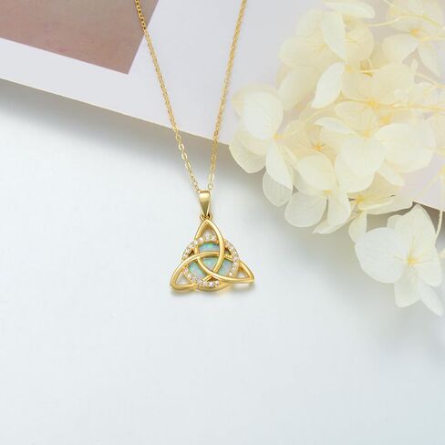 SISGEM Solid 14K Gold Celtic Knot Necklace for Women,14kt Yellow Gold White Opal Triangle Celtic Knot Pendant Necklace with CZ Irish Jewelry Gifts for Her Mom Wife Christmas Birthday,16"-18" in Saudi Arabia