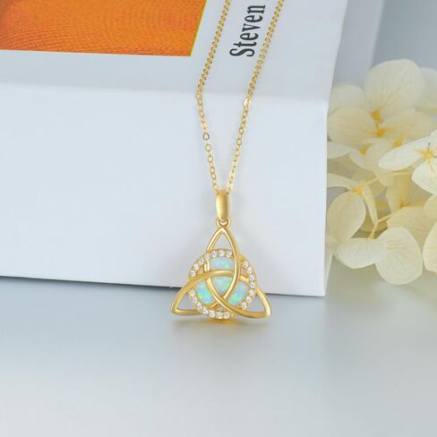 SISGEM Solid 14K Gold Celtic Knot Necklace for Women,14kt Yellow Gold White Opal Triangle Celtic Knot Pendant Necklace with CZ Irish Jewelry Gifts for Her Mom Wife Christmas Birthday,16"-18" in Saudi Arabia