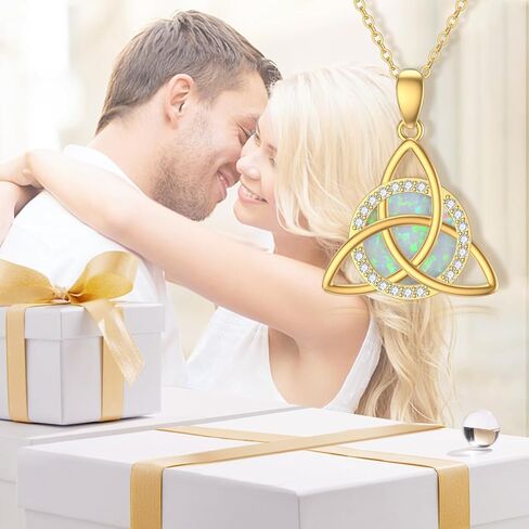 SISGEM Solid 14K Gold Celtic Knot Necklace for Women,14kt Yellow Gold White Opal Triangle Celtic Knot Pendant Necklace with CZ Irish Jewelry Gifts for Her Mom Wife Christmas Birthday,16"-18" in Saudi Arabia