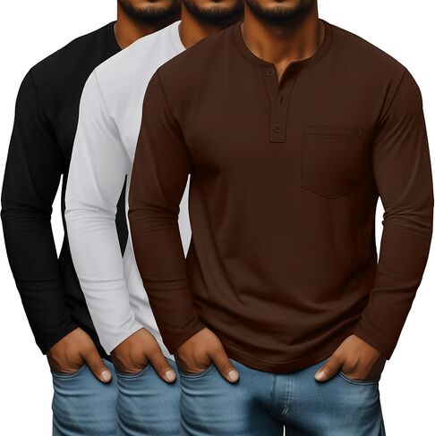 Neer 3 Pack Men's Big and Tall Henley T-Shirts L-5xl, Long Sleeve Pocket Oversized Tops Casual Soft Loose Basic Tees in Saudi Arabia