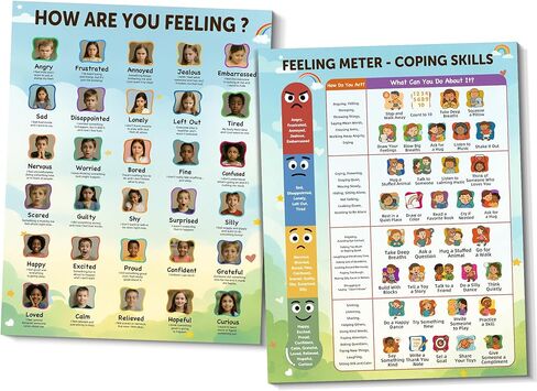 2-Pack Social Emotional Learning Posters, 30 Real Photo Feelings & Coping Skills Chart, Calming Corner Items, Mental Health Decor for Counseling Office & Classroom, Educational Wall Art, 10.4"x13.4" in Kuwait
