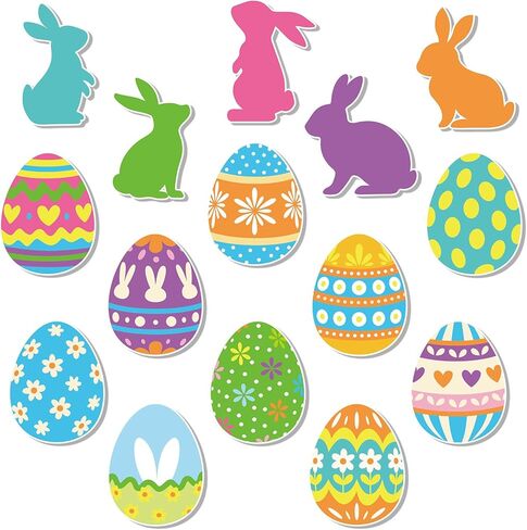 AnyDesign 45 Pcs Easter Egg Bunny Cutouts Colorful Rabbit Egg Cut-Outs Funny Bulletin Board Paper Cutting with 100 Pcs Glue Points for DIY Crafts Spring Party Home Office Classroom Decor in Saudi Arabia