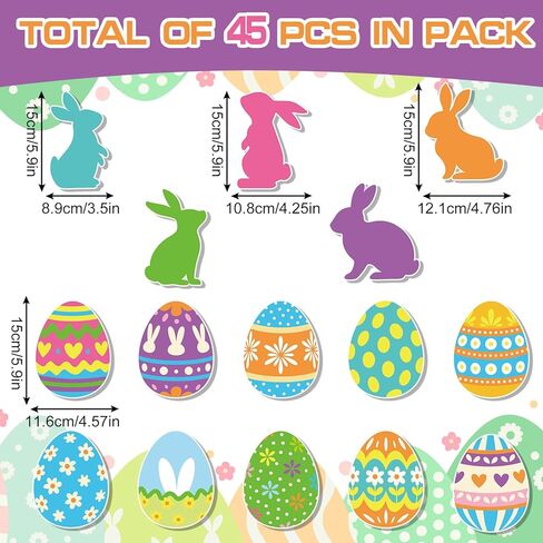 AnyDesign 45 Pcs Easter Egg Bunny Cutouts Colorful Rabbit Egg Cut-Outs Funny Bulletin Board Paper Cutting with 100 Pcs Glue Points for DIY Crafts Spring Party Home Office Classroom Decor in Saudi Arabia