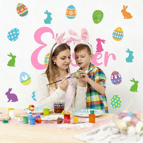 AnyDesign 45 Pcs Easter Egg Bunny Cutouts Colorful Rabbit Egg Cut-Outs Funny Bulletin Board Paper Cutting with 100 Pcs Glue Points for DIY Crafts Spring Party Home Office Classroom Decor in Saudi Arabia