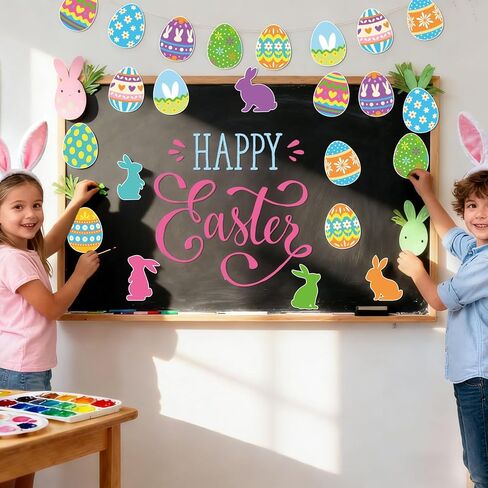 AnyDesign 45 Pcs Easter Egg Bunny Cutouts Colorful Rabbit Egg Cut-Outs Funny Bulletin Board Paper Cutting with 100 Pcs Glue Points for DIY Crafts Spring Party Home Office Classroom Decor in Saudi Arabia