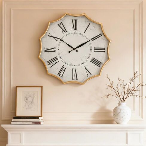 23.5 Inch Vintage Roman Numeral Wall Clock with Gold Trim, Decorative Metal Frame & White Face, Large Modern Wall Clock for Living Room, Office, Hallway in Saudi Arabia