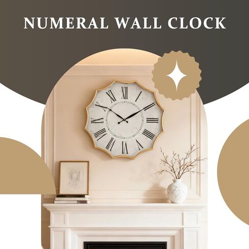23.5 Inch Vintage Roman Numeral Wall Clock with Gold Trim, Decorative Metal Frame & White Face, Large Modern Wall Clock for Living Room, Office, Hallway in Saudi Arabia